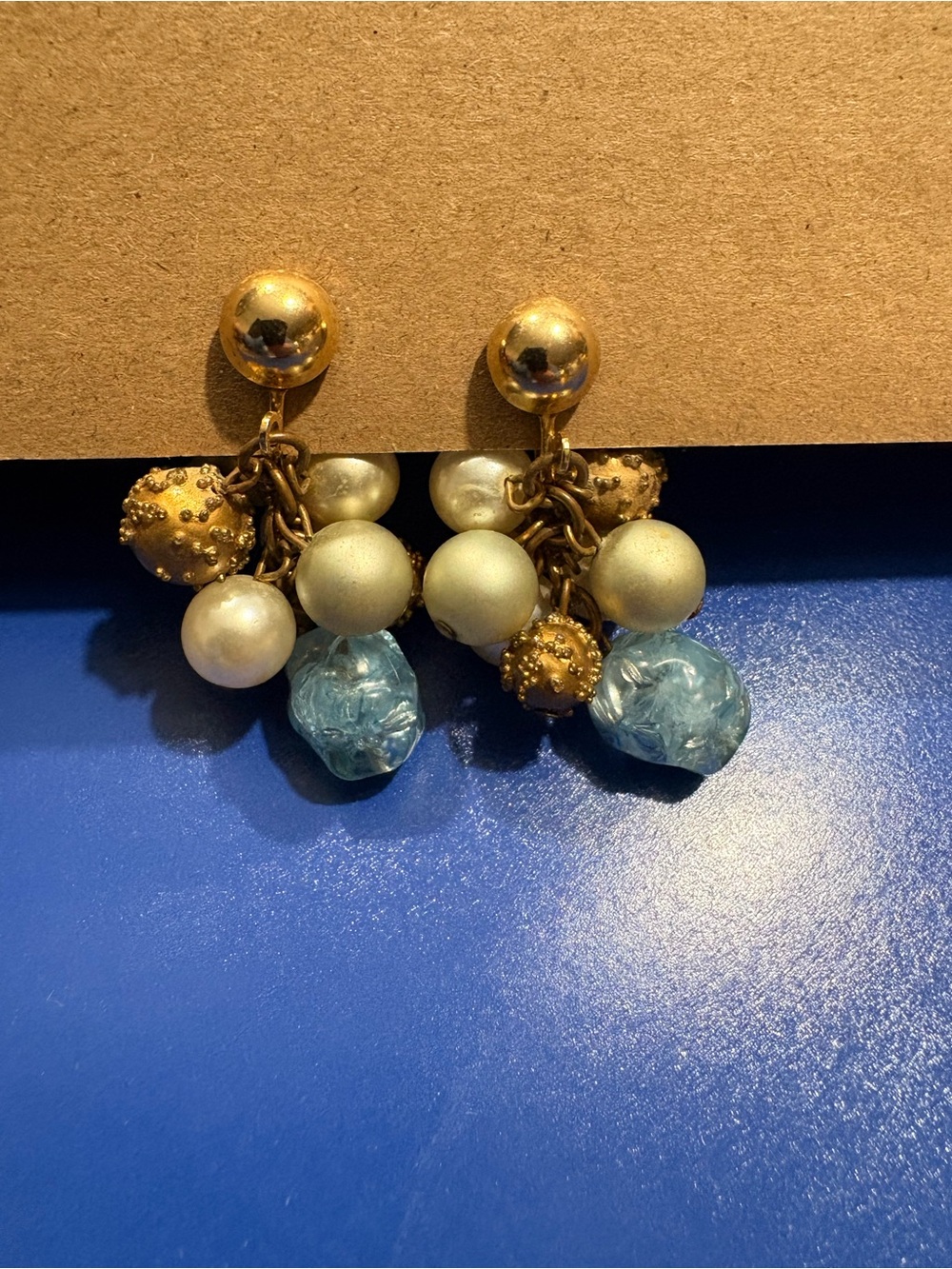 Gold and Light Blue Cluster Drop Earrings